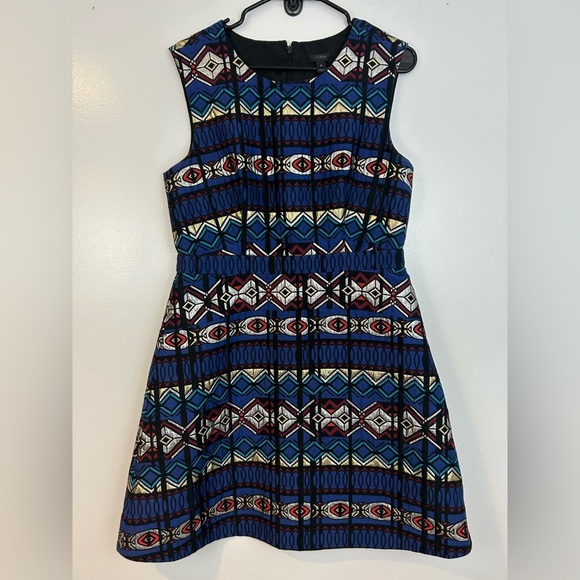 J. Crew Windowpane Sleeveless Jacquard Geometric Blue/Silver A-Line Dress Sz 10 - Picture 2 of 10